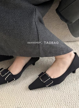 wins studio气质风好美 漆皮黑色搭扣通勤鞋浅口高跟鞋女后空凉鞋