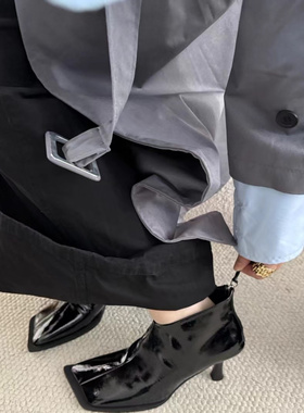 2025NEW SPRING法式漆皮黑色短靴子方头细跟后拉链高跟鞋裸靴单靴