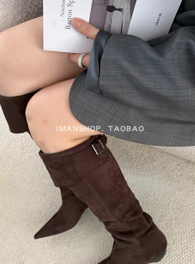 wins shoes 2025新品推荐尖头粗跟绒面长筒靴皮带扣高筒靴不过膝