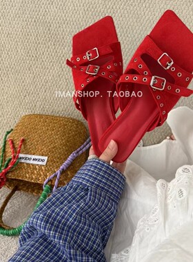 wins shoes·2025韩系温柔方头皮带扣绒面露趾粗跟凉拖鞋凉鞋外穿