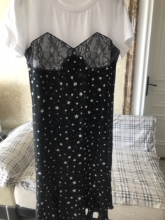 欧洲站高品质夏季新品拼接真丝蕾丝星星印花棉质鱼尾边连衣裙