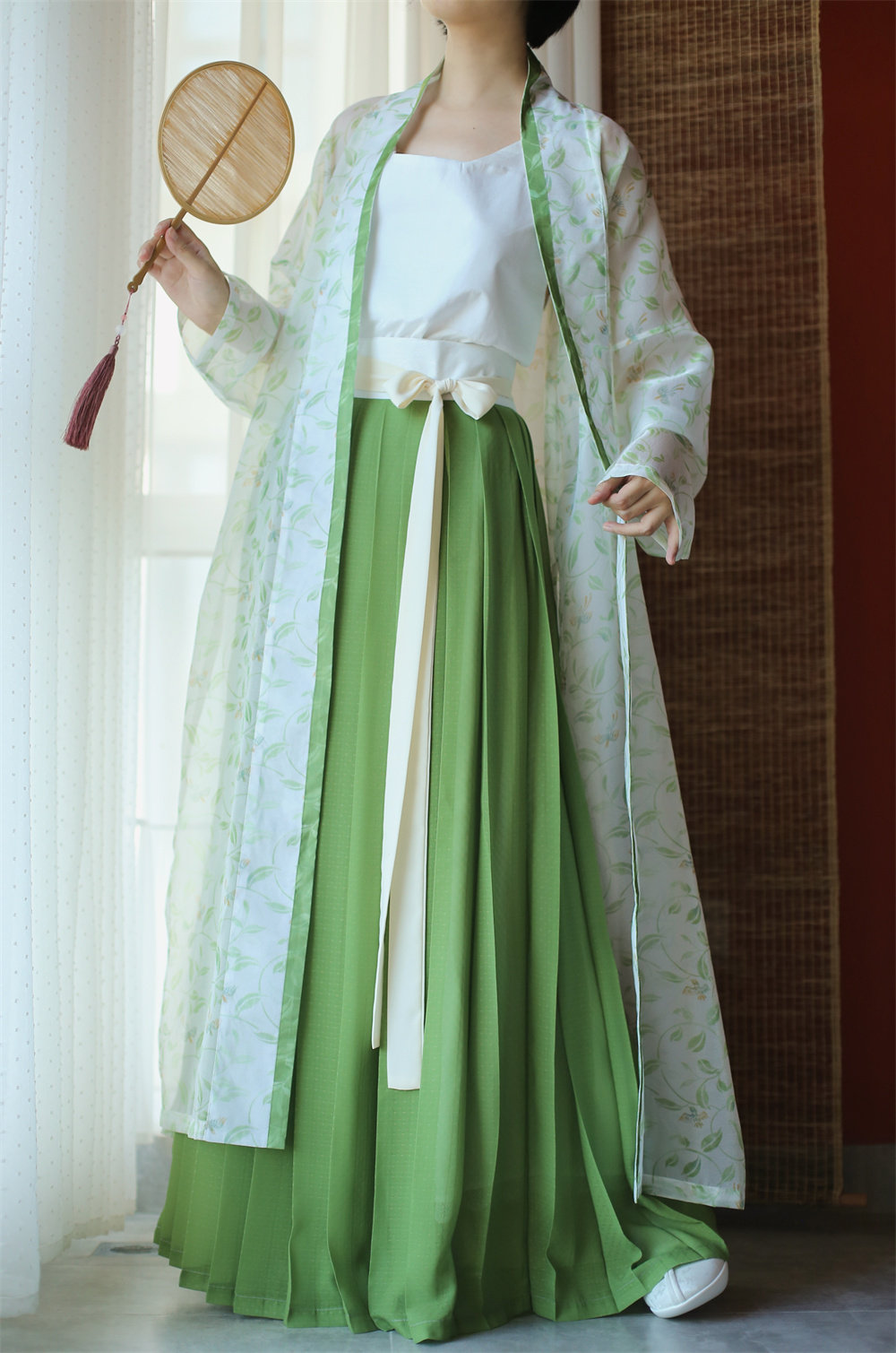 NANSHAN CHARMING 아카시아 새 송나라 HANFU 얇은 롱 코트 가디건 플리츠 스커트 서스펜더 태양 보호 의류 여름과 가을 여성