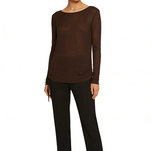 外贸工厂 长袖  精简美学船型领 腰身抽绳设计 布朗棕春秋上衣女