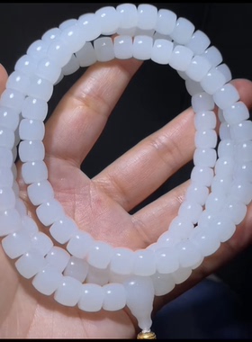 高品新疆和田玉籽料 直切老型珠108项链 一级老熟 细度过灯 7x8mm