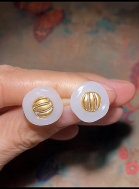 精品新疆和田玉籽料 乌斯环耳钉 一级白油润细腻18k金镶嵌 14.5mm