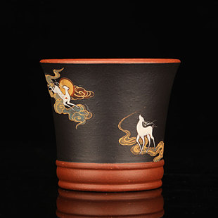 宜兴原矿紫砂工艺师蒋惠和石泥绘神鹿杯品茗杯功夫茶具精品主人杯