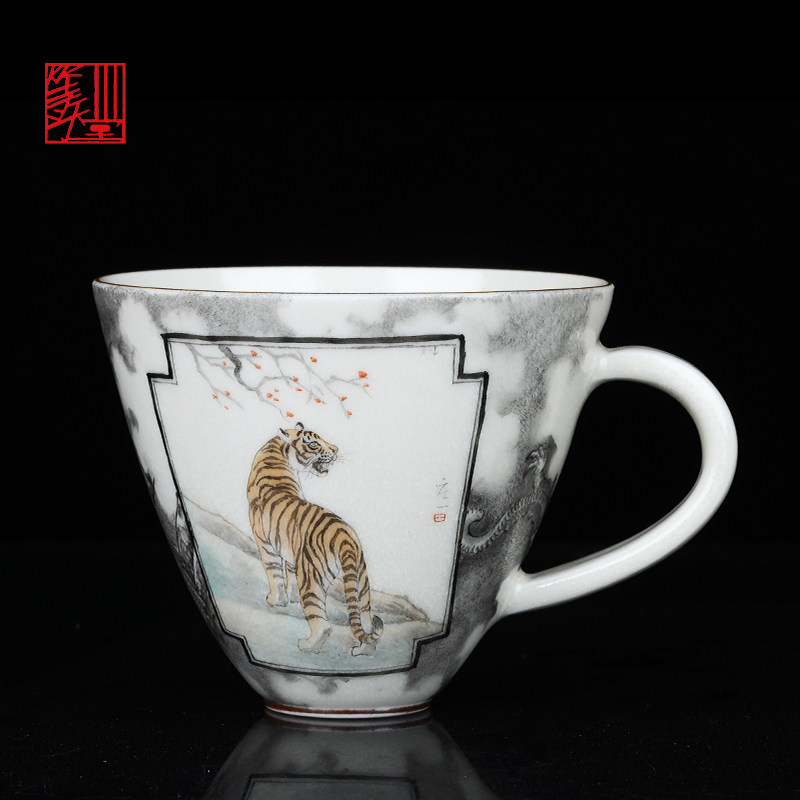 等于堂柴烧杯 庄一手绘粉彩开窗老虎咖啡杯茶杯 精品主人杯品茗杯