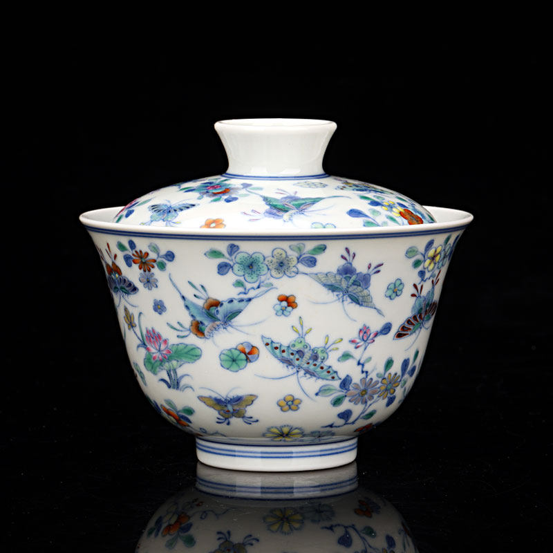 景德镇天义华 手绘青花斗彩百蝶盖碗 精品 陶瓷茶碗茶杯 功夫茶具