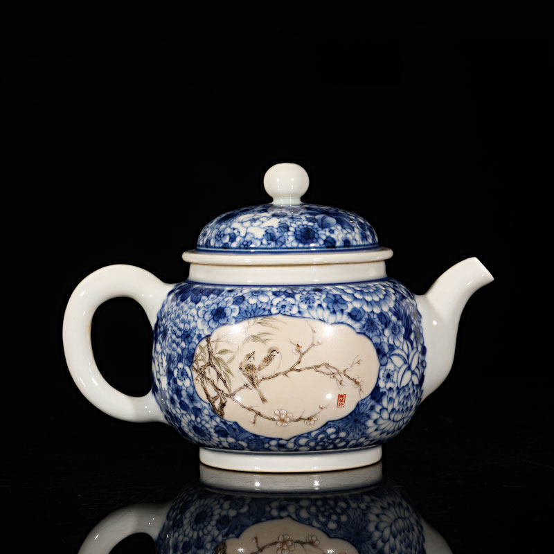 妙色 景德镇手工绘青花万花茶壶陶瓷壶万花新彩宋画茶壶 功夫茶具