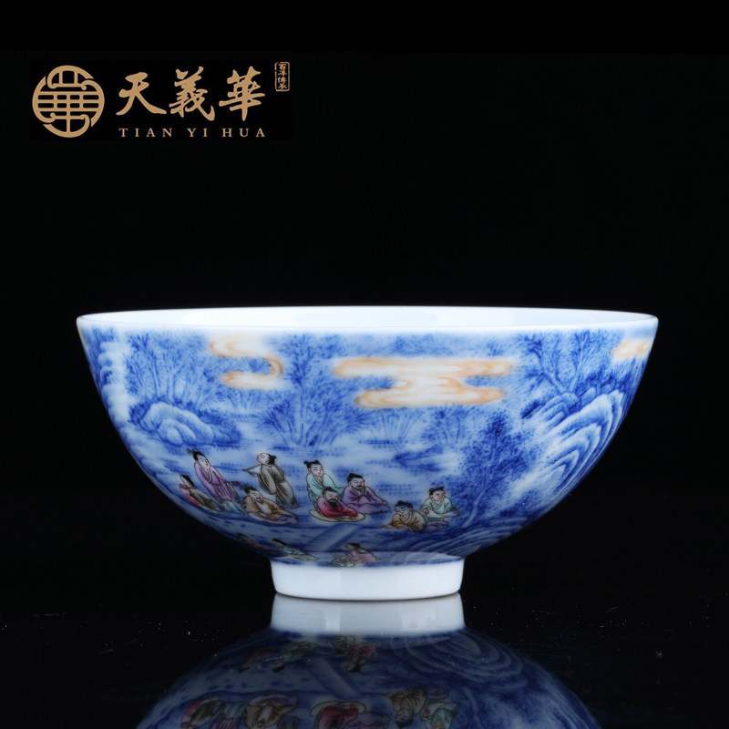 景德镇 天义华手绘青花斗彩西园雅集人物杯品茗杯 精品主人杯茶具