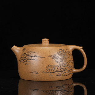 工艺师蒋惠和石刻绘山水镜铎壶文人紫砂壶宜兴原矿段泥全手工精品