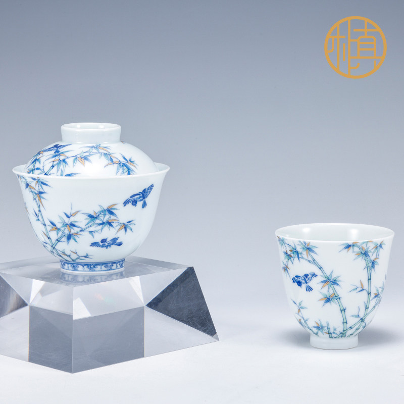 朴真堂 斗彩竹美人盖碗中式高端茶具青花手工手绘品茗杯 功夫泡茶