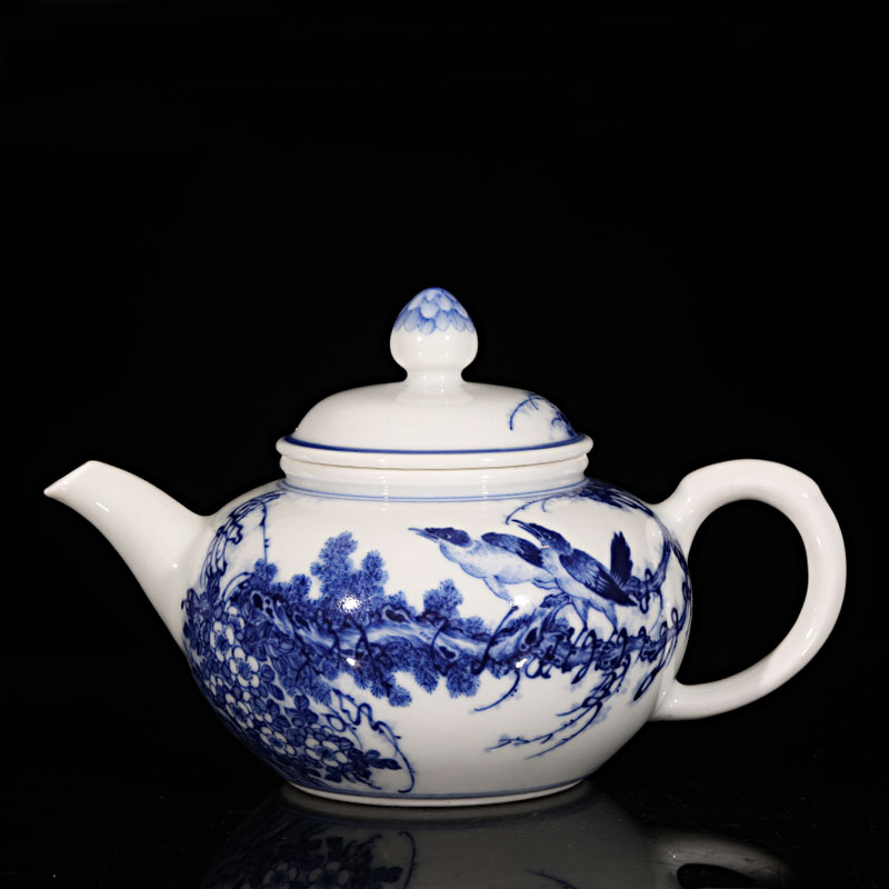 景德镇名窑 小雅 手绘青花瓷器 民国花鸟关关八哥 小雅款茶壶瓷壶