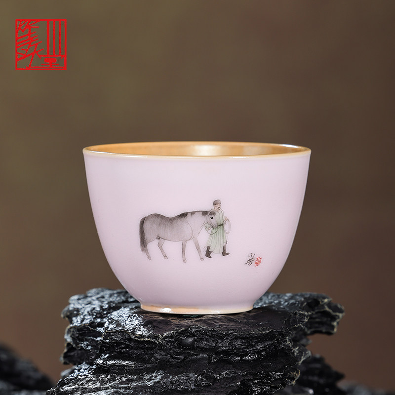 等于堂柴烧杯 尉小芳手绘新彩牵马图主人杯品茗杯精品功夫茶杯