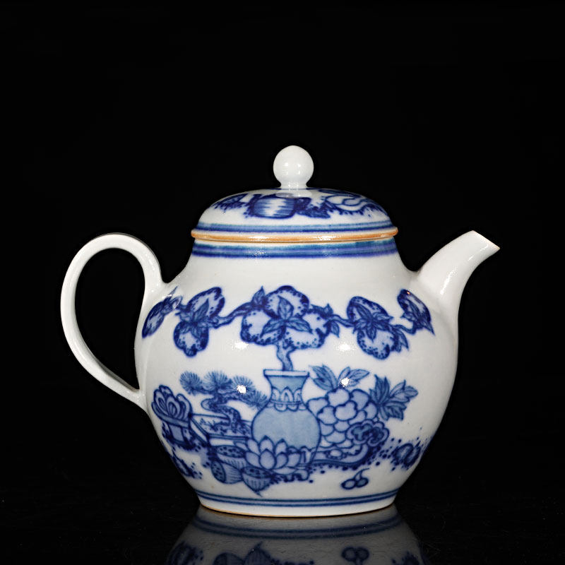 等于堂柴烧青花壶 全手工陶瓷茶壶 手绘仿古青花寿桃壶 精品 茶具