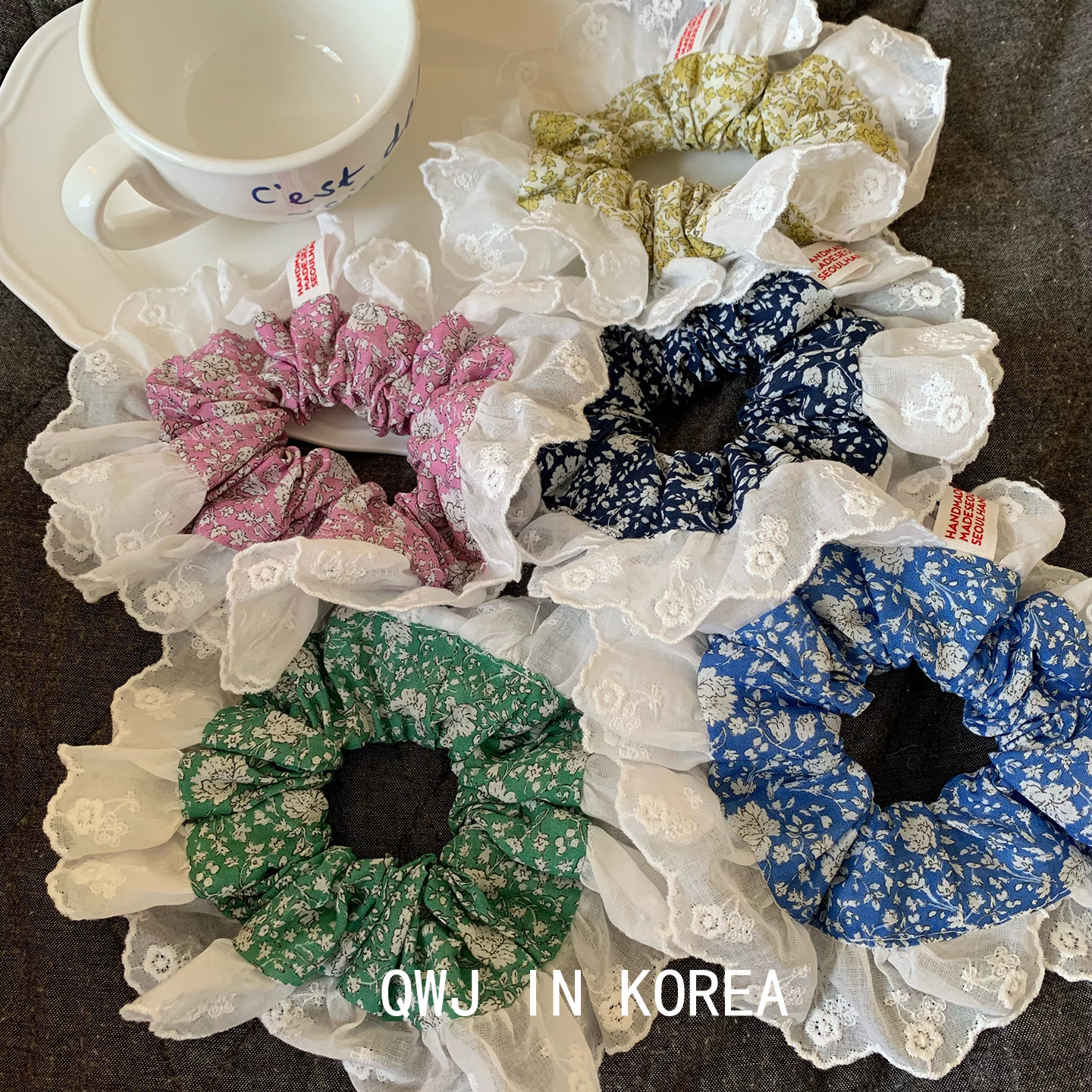 韩国进口设计师肠圈红字布标大号甜美碎花发圈白色花边复古头花