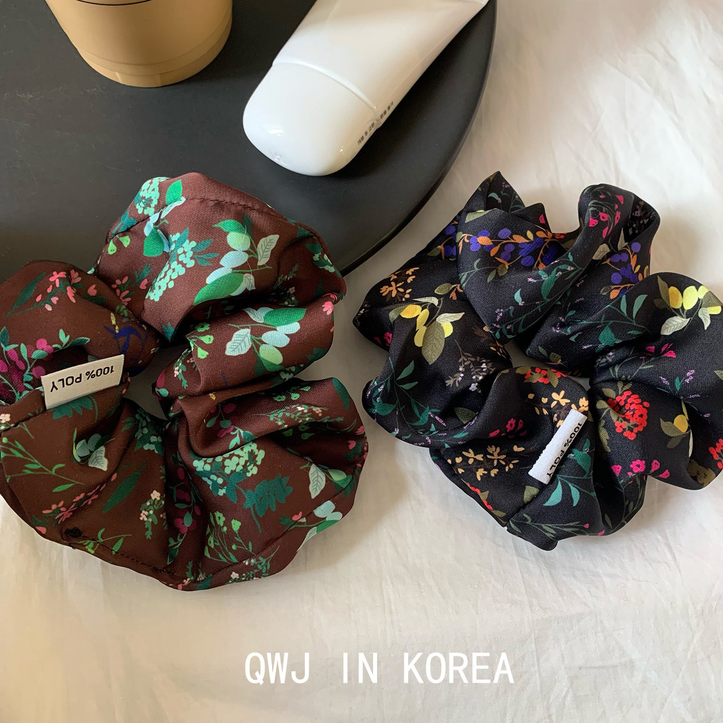 韩国进口设计师肠圈仿真丝黑色咖啡色碎花花朵发圈复古护发头花