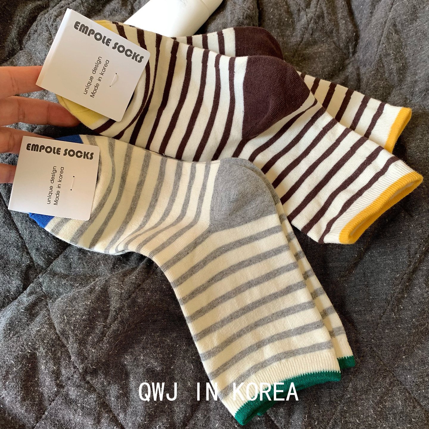 韩国进口棉袜黄绿脚头拼色条纹女袜四季百搭文艺气质中筒袜运动袜