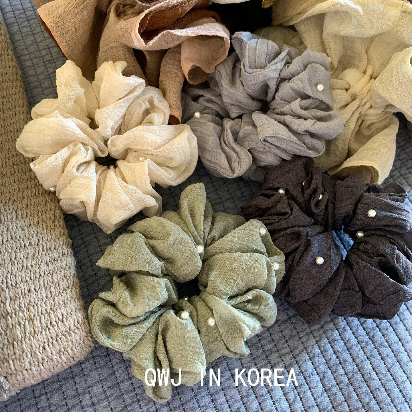 韩国进口高级发圈中号棉麻珍珠