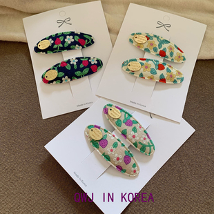 韩国进口边夹春天可爱小草莓金标椭圆BB夹对夹甜美布艺刘海夹发夹