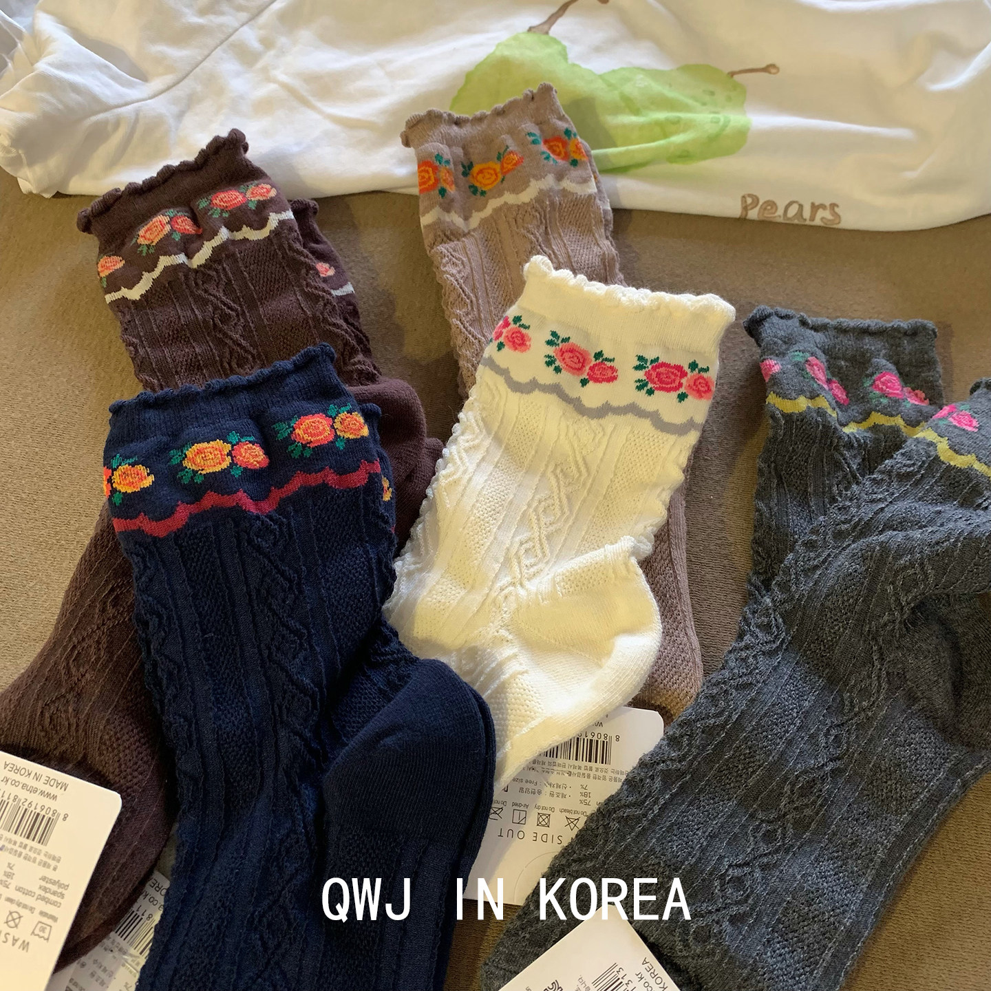 韩国进口袜子袜口复古玫瑰花麻花花边女袜中筒棉袜温柔甜美运动袜