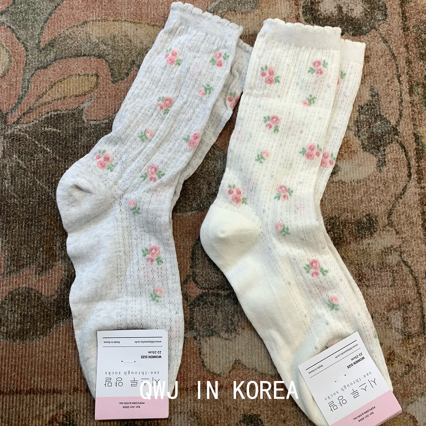 自留韩国进口薄款小碎花花边中筒袜堆堆袜温柔甜美透气春夏袜子女