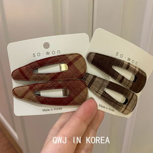 韩国进口边夹对夹复古暗红棕色格纹三角形发夹秋冬学院气质刘海夹
