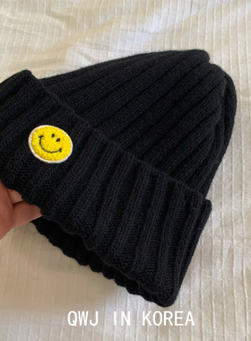 折扣款气味不敏感拍韩国进口黄色笑脸羊毛帽秋冬保暖毛线针织帽子