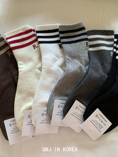 三条杠字母R 韩国进口韩系女生运动袜棉袜短袜iu同款中筒袜女袜子