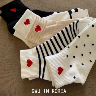 百搭经典款！韩国进口红色爱心短袜女棉袜纯色休闲运动袜子