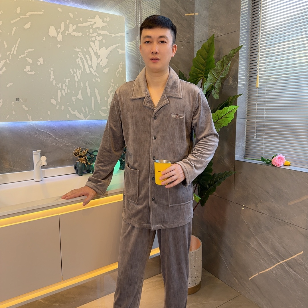 男士秋冬新款高端海岛绒长袖睡衣加绒保暖家居服套装可外穿