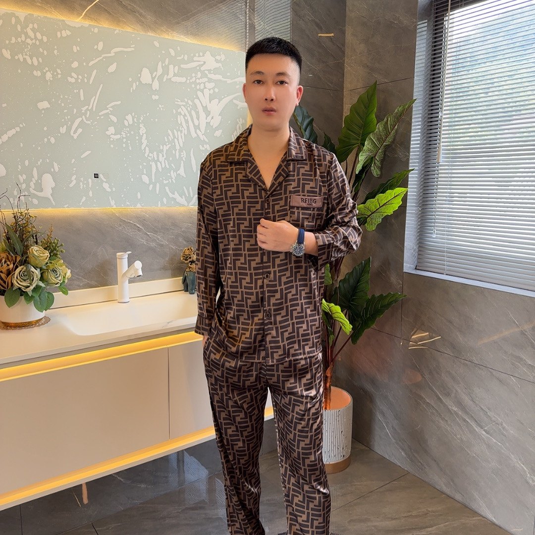 男士长袖长裤带裤兜春秋季款F字母冰丝睡衣薄款家居服套装可外穿