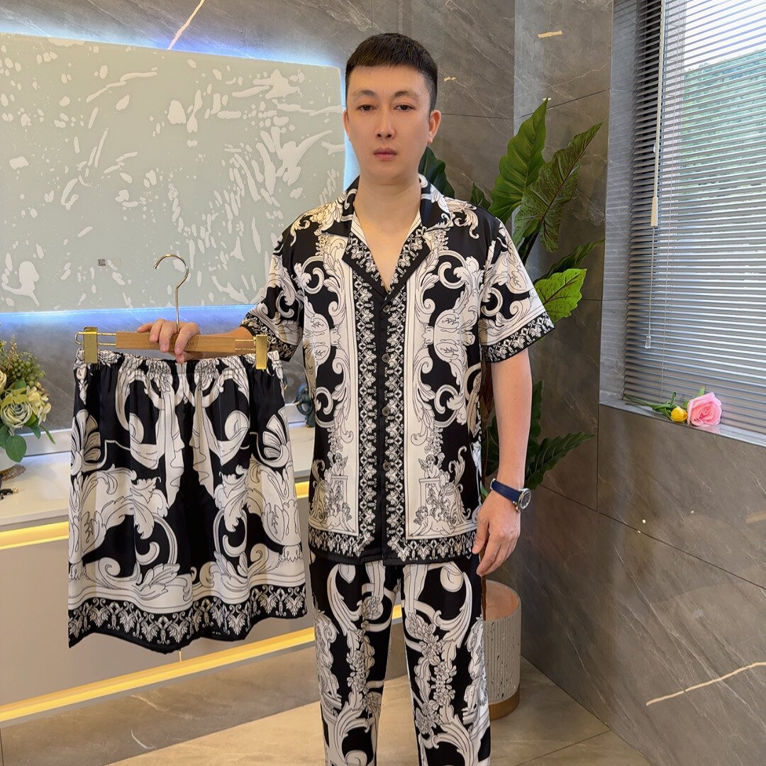 男士新款三件套天使花短袖冰丝睡衣薄款夏季时尚家居服套装可外穿