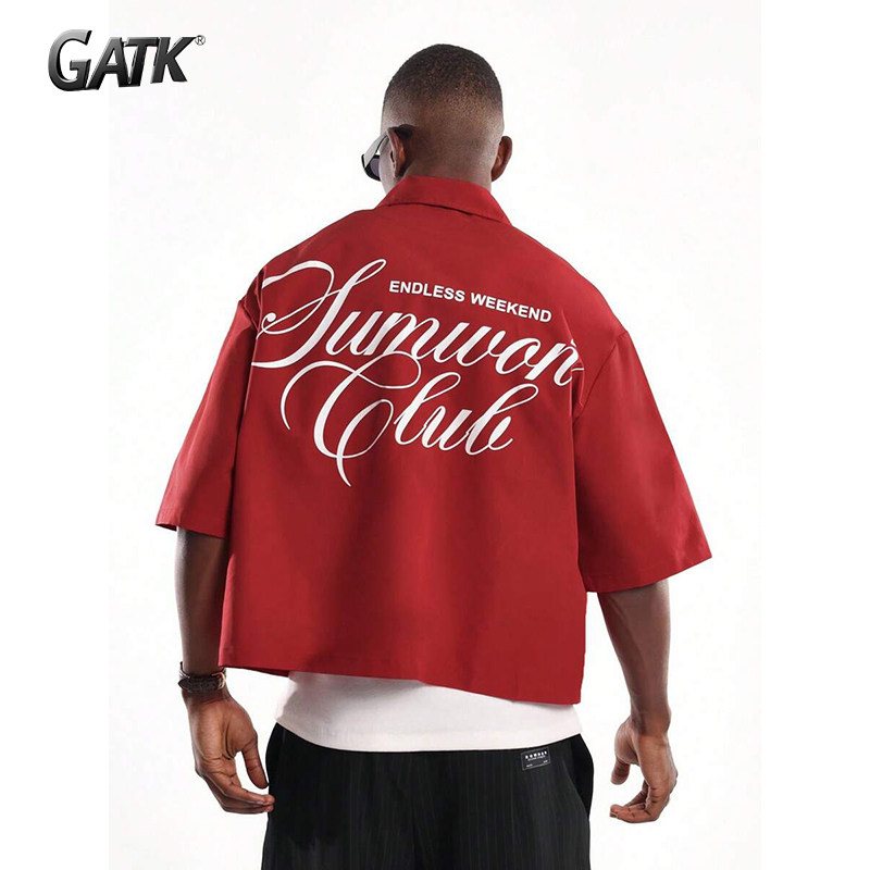 GATK 夏季宽松高级感男士衬衫外套休闲冰丝垂感红色休闲半袖衬衣