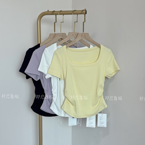 邦尼纯欲抽褶方领短袖T恤练功服现代舞集训形体服古典纯欲风上衣