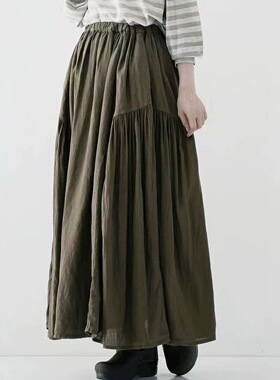 日系新款nest robe纯色松紧腰宽松复古侧边褶皱休闲伞裙半身裙女