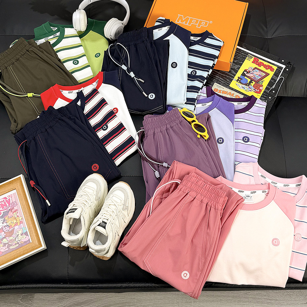 儿童条纹插肩短袖长裤三件套26夏季新款中大童男女童休闲舒适套装