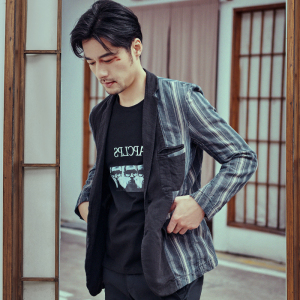 纸间原创单排扣休闲西装男亚麻古着青年潮流条纹小西装拼接外套