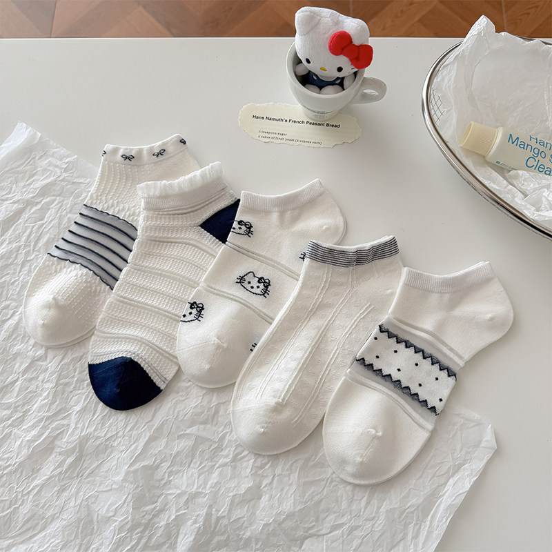 JINGDAO 袜子女甜美风女士短筒袜子夏季薄款透气卡通可爱提花船袜