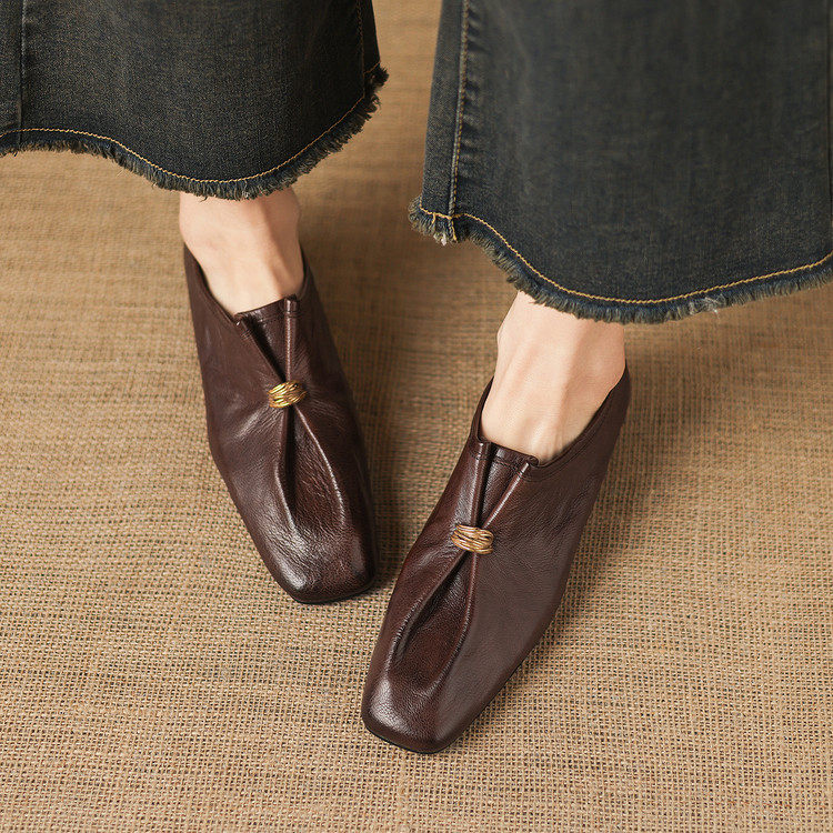 复古风真皮深口单鞋女金属扣方头一脚蹬乐福鞋低跟气质头层羊皮鞋,女鞋,深口单鞋,淘宝优惠券,粉丝福利购,淘宝优惠卷
