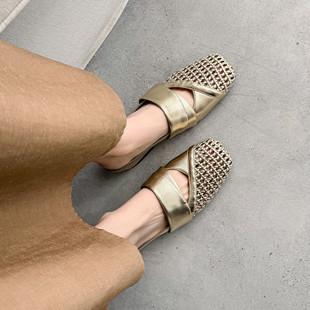 2025年新黑色编织半拖女方头包头穆勒鞋 女百搭 镂空懒人内增高拖鞋