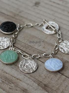 纯银天然黑曜石玉髓蝴蝶手链