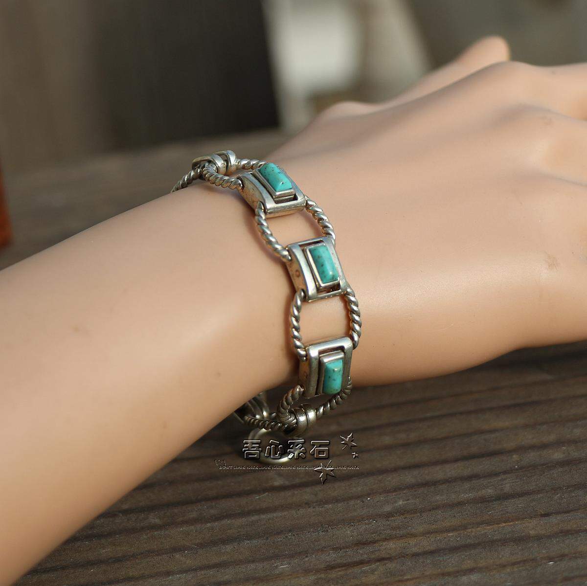『系石苑推荐』925纯银OT扣 镶嵌天然绿松石玛瑙异域风个性手链