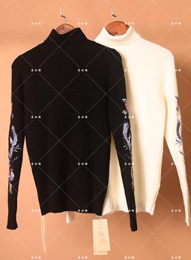 25902素女馆新款新中式复古重工绣花高领毛衣