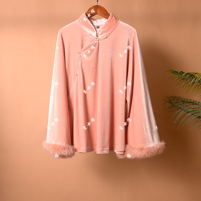 25484款素女馆国风绒毛斜襟高领长袖上衣