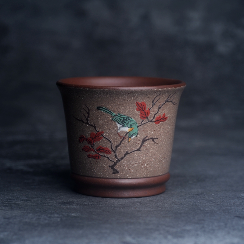 美壶网紫砂杯 主人杯 单杯 茶杯 紫泥粉黄泥花鸟杯子 品茗杯200cc