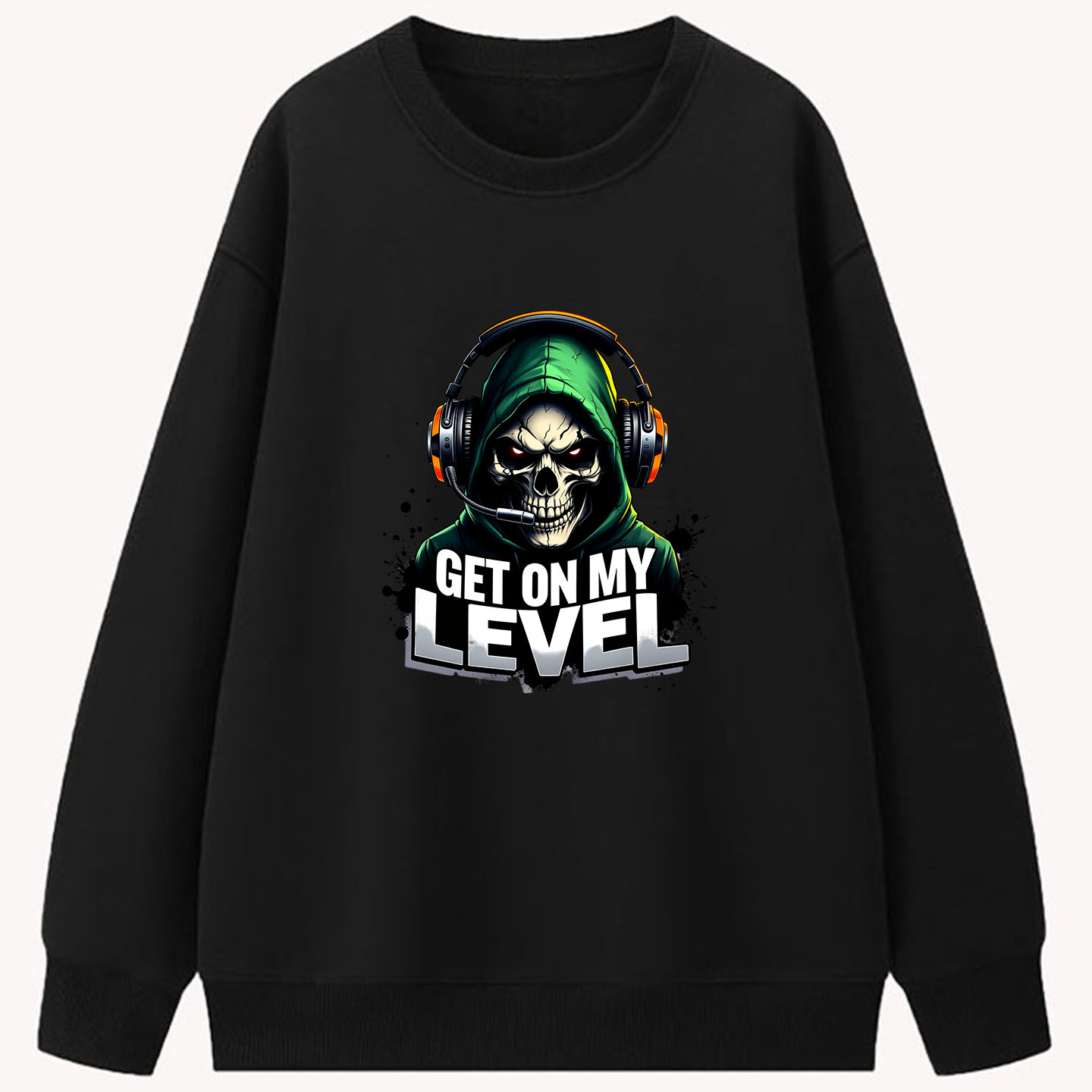 美式通风骷髅印花圆领卫衣男女黑色宽松长袖潮牌上衣