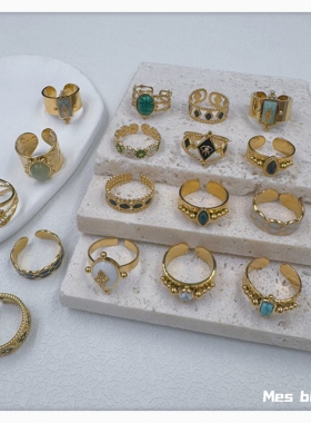 Bijoux欧美复古轻奢小众钛钢真空电镀真金高保色开口可调镶嵌戒指