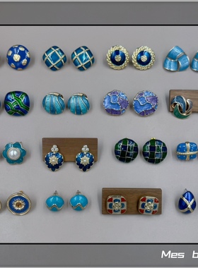 Bijoux复古小众蓝色彩釉圆形方形几何条纹气质百搭耳钉无耳洞耳夹