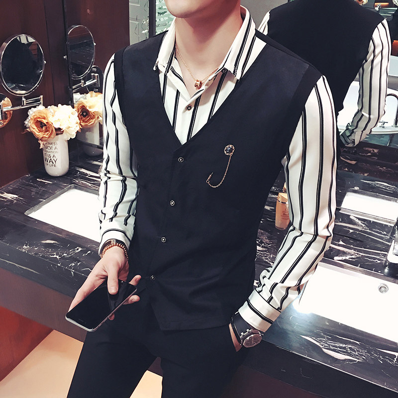 Y8471-新款条纹衬衫马甲假两件大码工作服理发师酒吧网咖衬衣P55图片
